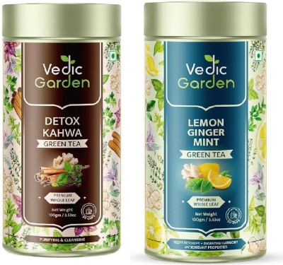 Vedic Garden Combo of Green Tea - Detox Kahwa & Lemon Ginger Mint Flavor I Pure Whole Leaf Green Tea Tin(2 x 100 g)