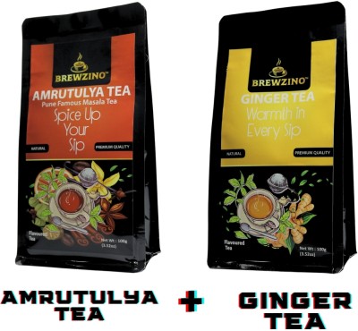 brewzino Combo Pack of 2 -Amrutulya & Ginger Flavoured Tea 100GMS Each Ginger, Spices Tea Pouch(2 x 50 g)