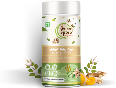 Green Spore Adrak Tulsi Chai - Premium Desi Chai Patti with Authentic Indian Spices Ginger, Tulsi Masala Tea Tin(100 g)