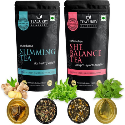TEACURRY PCOS PCOD Slimming Tea for Women with Diet Charts - 100 + 100 Gms Loose Tea | Helps in Weight Loss, Hormonal Balance, Reducing Testosterone, Reducing Testosterone, Perimenopause Herbal Tea Pouch(2 x 100 g)