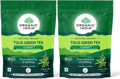ORGANIC INDIA Pack of 2 Tulsi Green Tea Classic 100 gm zipper Ginger Green Tea Pouch(2 x 100 g)