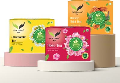 FIT N FURIOUS Chamomile Green Tea, Rose Tea, Honey Tulsi Tea combo enhance overall health Tulsi, Honey, Rose, Chamomile Herbal Infusion Tea Bags Box(3 x 25 Bags)