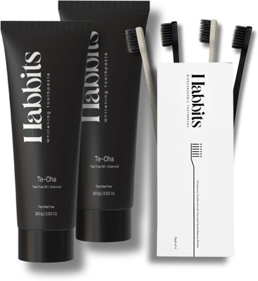 Habbits Whitening Charcoal Toothpaste (Pack of 2) + Wheat-Straw Toothbrush (Pack of 4) Teeth Whitening Kit
