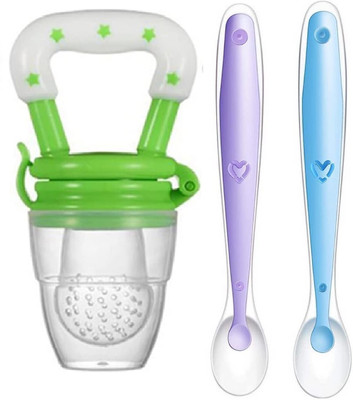 Chicbunny 2pcs Baby Feeding Spoons & Fruit Food Feeder (Combo Pack of 3) - Silicone Teether and Feeder(Multicolor)
