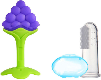 Jingle Kids Baby Soft Silicone Bristles Finger Toothbrush & Baby Fruit Shaped Silicone Teether and Feeder(GRAPES)