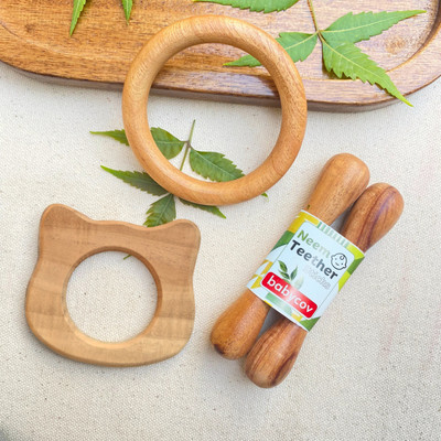 BABYCOV Natural Neem Wood Teether sets for 3+ Months Baby (Set of 4) Teether(Brown)