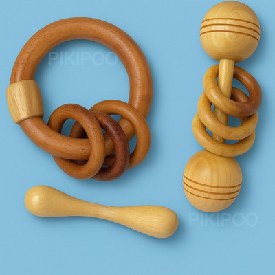 PIKIPOO Neem Wood Teethers for Baby Set of 2 | for 3 Months Baby |Two Rattle One Dumbell Teether(Natural)