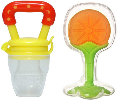 Kidsify Nibbler Soother for Babies Fruit Feeder Kids Nipple Pacifier for Fruit Vegetable and Fruit Shape Silicone Teether (Set of 2) Teether and Feeder(Multicolor)
