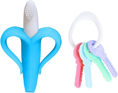 Jingle Kids Baby Ultra Soft Bristle Bendable Silicone Banana Toothbrush Teether & Key Shaped Teether and Feeder(BLUE BANANA)