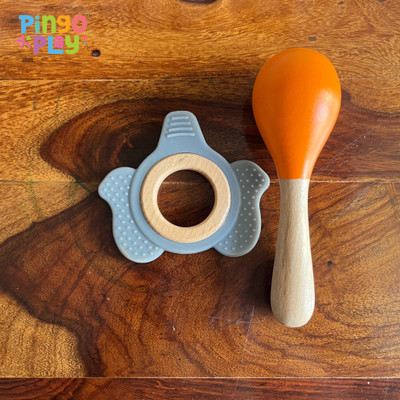 Pingo Play Premium Wooden & Silicone Teether + Maracas Combo|BPA-Free, Non-Toxic Beech Wood Teether(Orange)