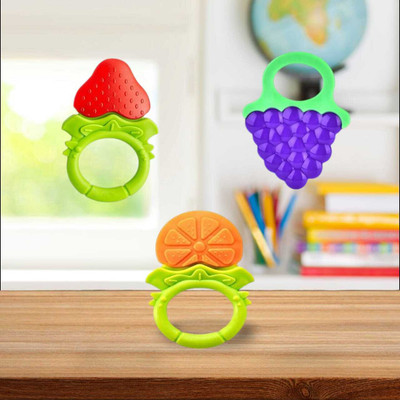Joy Buzz Soft & Safe Fruit-Shaped Baby Teether (Red & Yellow & Blue) (Set of 3) Teether(Multicolor 7)
