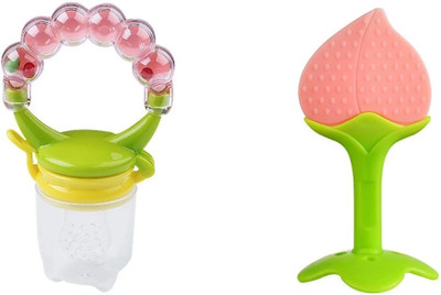 croox 2 pack Combo of One Silicone Baby fruit Feeder and One Silicone Baby teether, BPA Free Teether and Rattle Feeder Teether and Feeder(Peach, Green)