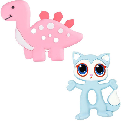 GUCHIGU Combo Teethers for Babies , Dinosaur and Cat Shaped Silicone Teething Toy Teether(Multicolor)
