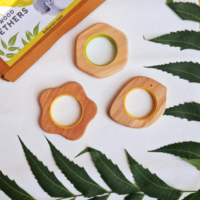 BABYCOV Neem Wood Teethers for Babies|Wooden Baby Teether|Set of 3|for3+ Months Babies. Teether(Brown)