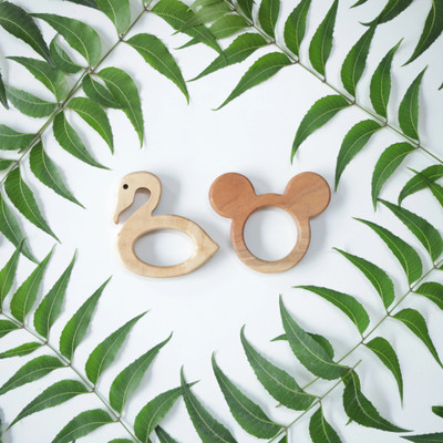 opatoys Neem Teethers Combo- Mickey Mouse & Crane (2 Piece)- Natural and Chemical-Free Teether(Natural)