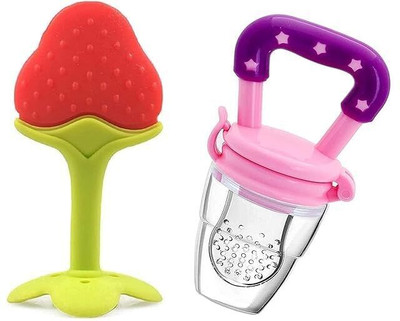 Wuxxa Combo of One Silicone Baby fruit Feeder and One Silicone Baby teether, BPA Free Teether and Feeder(Multicolor)
