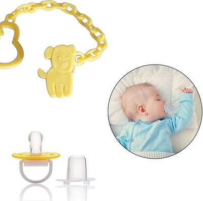 Safe-o-kid Animal Design Silicone Pacifier/Soother with Holder Chain and Clip, Yellow Dog Soother(Yellow)