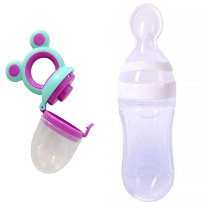 TINNY TOTS Baby Squeeze Infant Silicone Food Spoon Bottle & Baby Fruit Nibbler Teether Teether and Feeder(WHITE-EAR)