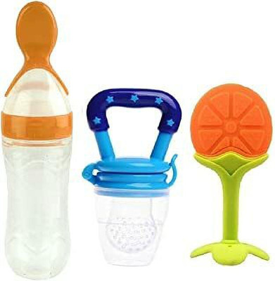Kajaree Silicone Fruit Teether & Food Nibbler & Spoon Bottle (Multicolor) (Pack of 3) Teether and Feeder(multi 4)
