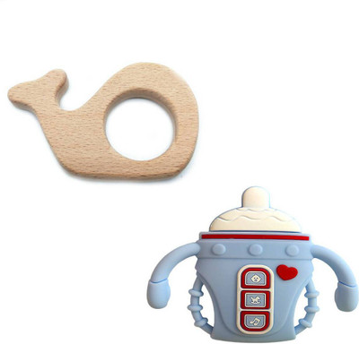 EssCubes Enterprise Natural Organic Neem Wooden Teether for Babies Chew Biting Soothes Sore Gums Teether(Fish Bottle BPA free Natural Neem Wooden Silicon Toy Teething bitting pack of 2)
