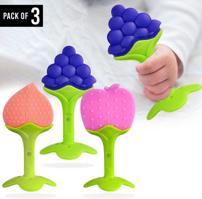 DaKos Fruits Shape Teethers for Baby, Baby Chew Toys & Mittens Teether(Combo of 3 Teethers Peach, Grapes & Apple Shape)