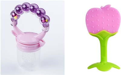 croox 2 pack Combo of One Silicone Baby fruit Feeder and One Silicone Baby teether, BPA Free Teether and Rattle Feeder(Pack of 2) Teether and Feeder(Peach, Pink)