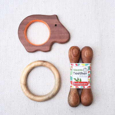 BABYCOV Neem Wood Teethers for Baby Set of 4 for 3 Months Baby. (Hippo Stick Ring) Teether(Brown)