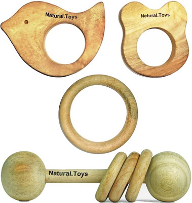 Natural.Toys Neem Wooden Teether (Dumbbell Rattler+Mouse Teether+Bird Teether+75mm Ring) Teether(Natural)