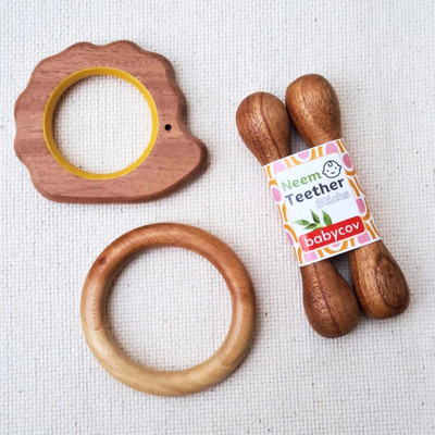 BABYCOV Neem Wood Teethers for Baby Set of 4 for 3 Months Baby (Porcupine Stick Ring) Teether(Brown)