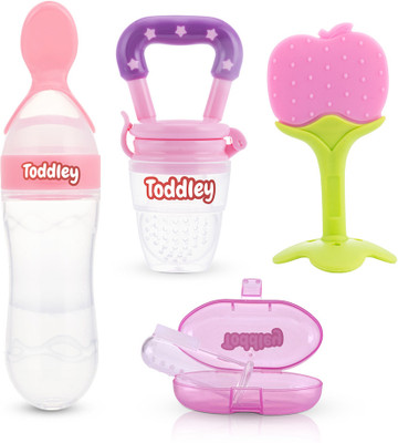 Toddley 4in1 Baby Combo Set– Baby Tongue Cleaner Finger Brush,Food Fruit Nibbler ,Baby Teether and Feeder(Pink)