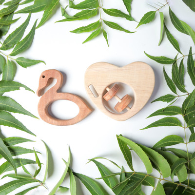 opatoys Neem Teether & Rattle Combo- Heart Rattle & Crane Teether For Babies Teether(Natural)