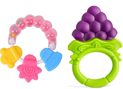 The Cheeky Kidzz Baby Fruit Shape Silicone Teether & Ring Shape Rattle Teething Musical Teether and Feeder(Purple)