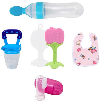 SuperDaze 5 Pieces BPA Free Food-Grade Silicone Feeding Combo Set For Your New Born Babies Teether and Feeder(Multicolor)