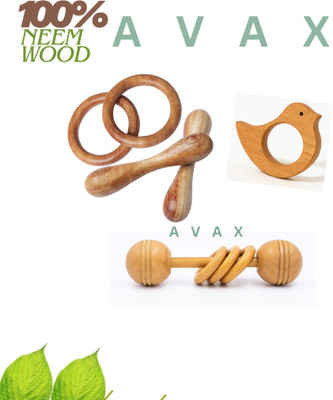 AVAX Neem Wood Teether for Baby Set of 2 | for 3 Months Baby |One Rattle 5 Teether(Natural)