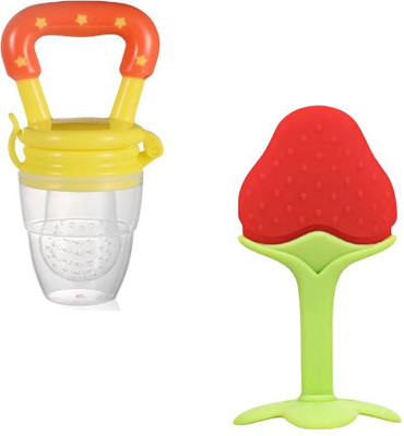 Sparkle Joy Baby Silicone Fruit Teether & Fruit Feeder Combo Pack Of 2 - Multicolor Teether and Feeder(YELLOW&RED)