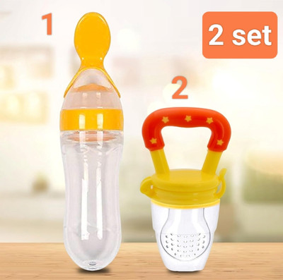GUNGUN STORE PACK of 2 Pcs Silicon Baby Fresh Fruit Feeder Nibbler AND Spoon Feeder|BPA Free Teether and Feeder(Multicolor)