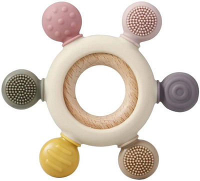 HM EVOTEK Baby 2 in 1 Teething Toy Silicone Neem Wood Teether Chewing Mouthing Sensory Teether(Multicolor)