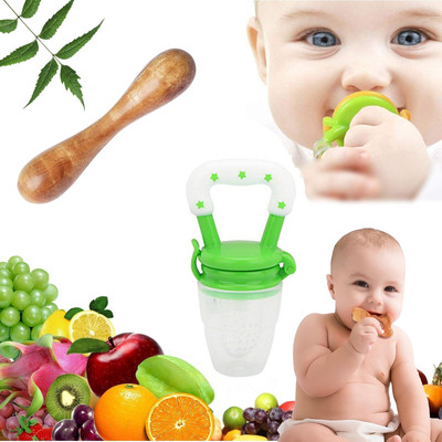 PIKIPOO Newborn Baby Neem Wooden Teether Soother Fruit Food Feeder/ Nibbler Pacifier Teether and Feeder(Brown&Green)