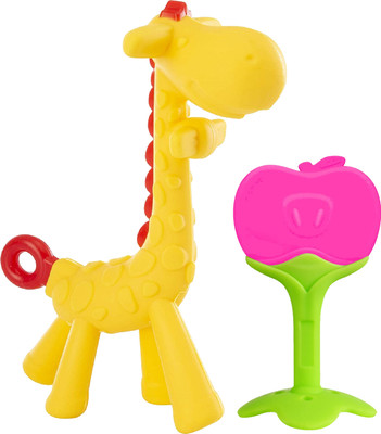 Jingle Kids Baby Soft Silicone Fruit Teether Nibbler & Bendable Giraffe Teether Toy Teether and Feeder(PINKAPPLE-GIRAFFE)