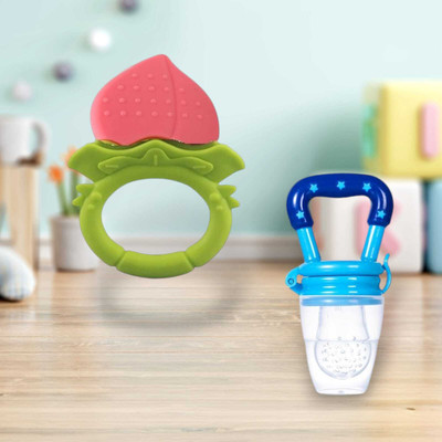 Joy Buzz Fruit Teether & Star Nibbler Combo - Pack of 2 (Peach & Blue) Teether and Feeder(Multicolor 4)