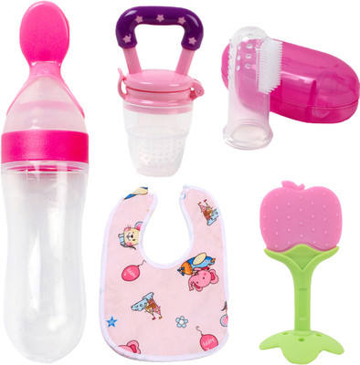 THEELEVEN Baby Spoon feeder With Nibbler, fruit teether, Fingerbrush & bib/Appron for care Teether and Feeder(Pink color)