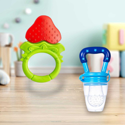 Joy Buzz Fruit Teether & Star Nibbler Combo - Pack of 2 (Red & Blue) Teether and Feeder(Multicolor 8)