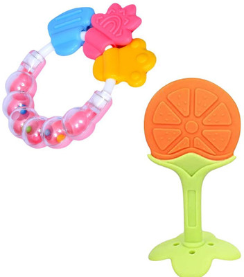 Sparkle Joy Rattle Teether & Teether Combo | BPA-Free Silicone Rattle Teether & Teething Teether(Yellow & Pink)