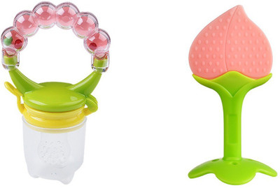 smilykid 2 pack Combo of One Silicone Baby fruit Feeder and One Silicone Baby teether, B Teether and Feeder(Peach, Green)