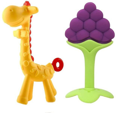 qtypie Non Toxic Silicone Giraffe Shape Teether and Fruit Shape teether Teether(Multicolor)