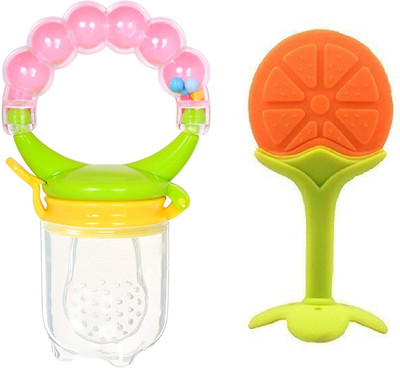 VINMOT Orange Fruit Shape Silicone Teether with Fruit Food Feeder Nibbler for kids Teether and Feeder(Multicolor)