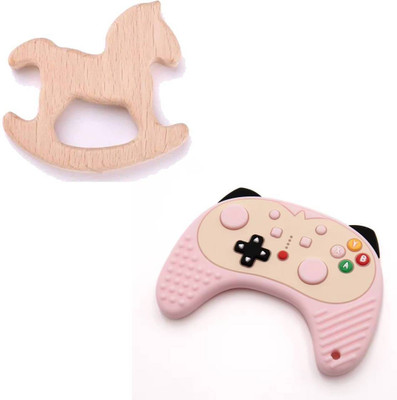 EssCubes Enterprise Natural Organic Neem Wooden Teether for Babies Chew Biting Soothes Sore Gums Teether(Horse Game Controller BPA free Natural Silicon Neem Wooden Toy Teething Set of 2)