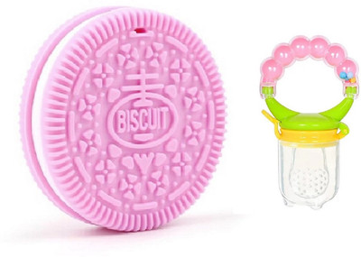 GREST Silicone Pink Biscuit Shape Teether & Ring Style Feeder Nibbler for Babies Teether and Feeder(Multicolor)