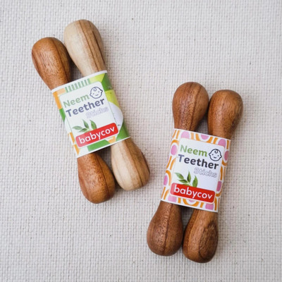 BABYCOV Rabbit & Carrot Natural Neem Wood Teethers for Babies| Set of 2 Teether(Brown)