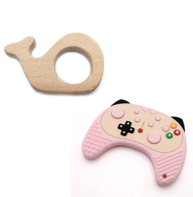 EssCubes Enterprise Natural Organic Neem Wooden Teether for Babies Chew Biting Soothes Sore Gums Teether(Fish Game Controller BPA free Natural Neem Wooden Silicon Toy Teething pack of 2)